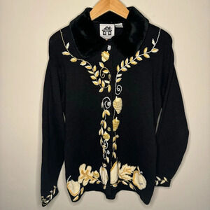 Storybook Knits Acorn Fruits Theme Cardigan Sweater Cotton Ramie Button L Black